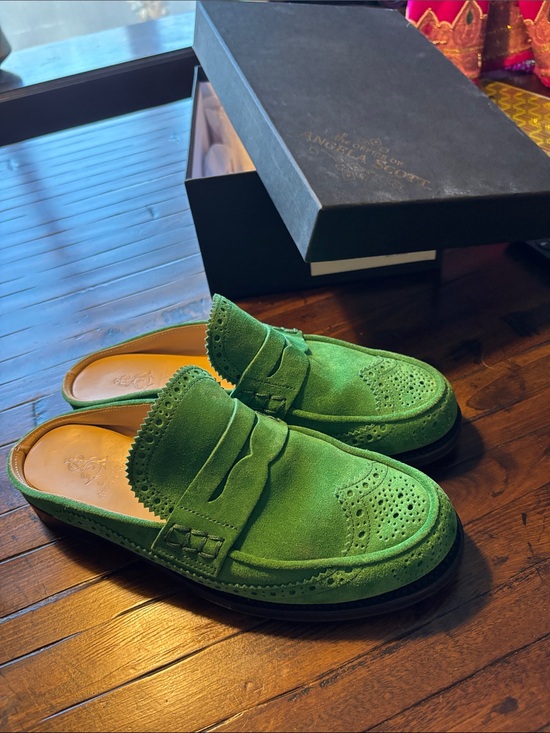 The Office Of Angela Scott Shoes - Office of Angela Scott  Miss Emma 
Kelly Green Suede Penny Loafer Mules